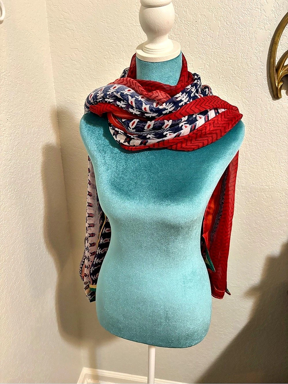 VTG Style Red Chevron Scarf w/ Blue Ethnic Block Print Border Folk Bohoo